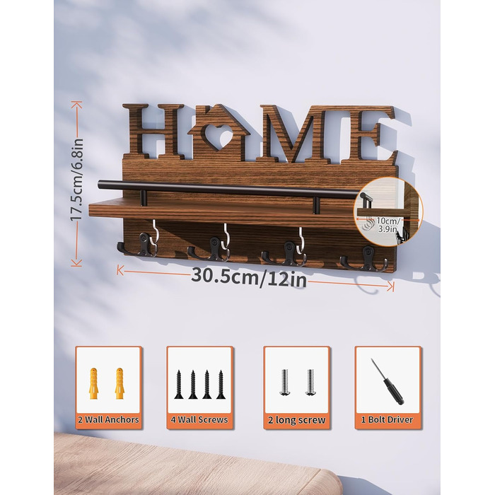 Дерев'яна полиця для ключів SWTYMIKI з 7 гачками - органайзер настінний, ключниця з полицею, браун