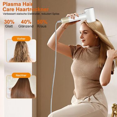 Фен для волосся з плазмою та безщітковим мотором 110 000 об/хв - швидке сушіння, тиха робота, з магнітною насадкою, для дому та подорожей (темно-сірий)