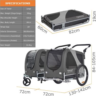 DOGGYHUT® Преміум великий 2 в 1 велосипедний причіп для собак та візок-бігунка. Великий об'єм 270 літрів для середніх та великих собак до 35 кг (сірий / чорний)