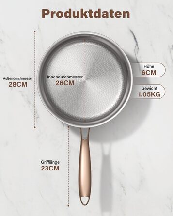 Пательня сталева 28 см Titan, не покрита, індукційна, з ручкою з рожевого золота, 18/10, для всіх типів плит та посудомийки, без PTFE/PFOA