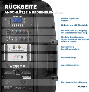 Vonyx Verve46 – портативна акустична система з мікрофонами, 1000 Вт, Bluetooth, MP3, для вечірок та PA-системи, чорний