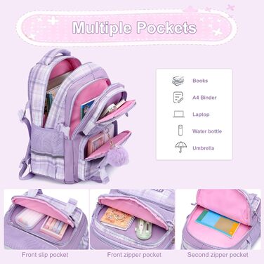 Шкільний рюкзак для дівчаток з візерунком, дихаючий та водовідштовхуючий рюкзак для 1-5 класів (рюкзак для дітей + ізольована ланч-торбинка + пенал, фіолетовий)