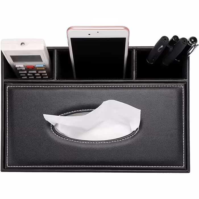 BSTKEY PU Leather Household Office Rectangular Tissue Box with Remote Storage Box - Elegant and stylish tissue holder for home desk storage box, Black