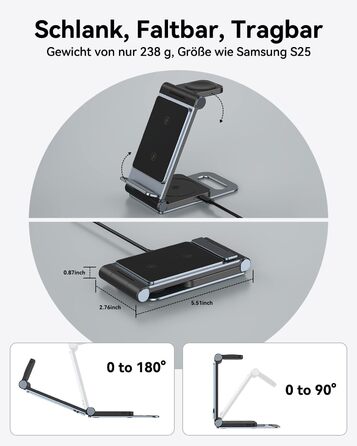 База для бездротової зарядки 3-в-1 для Samsung Galaxy S25 Ultra, S24, S23, S22, S21, S20, Z Flip, Z Fold, Galaxy Watch 8/Ultra/7, Galaxy Buds, 20W, чорний