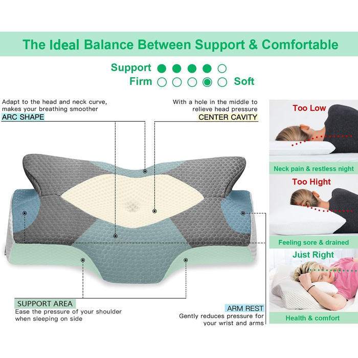 Ортопедична подушка Elviros з memory foam для тих, хто спить на боці, з підтримкою шиї, проти болю в шиї та плечах, 64 x 12,5/10,5 x 38 см, темно-сіра
