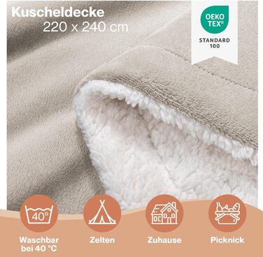Плед Blumtal Premium Sherpa з м'якої шерсті, 230x270 см, сертифікат Oeko-Tex, теплий та пухнастий, для дивану, колір: Молочний (Taupe)