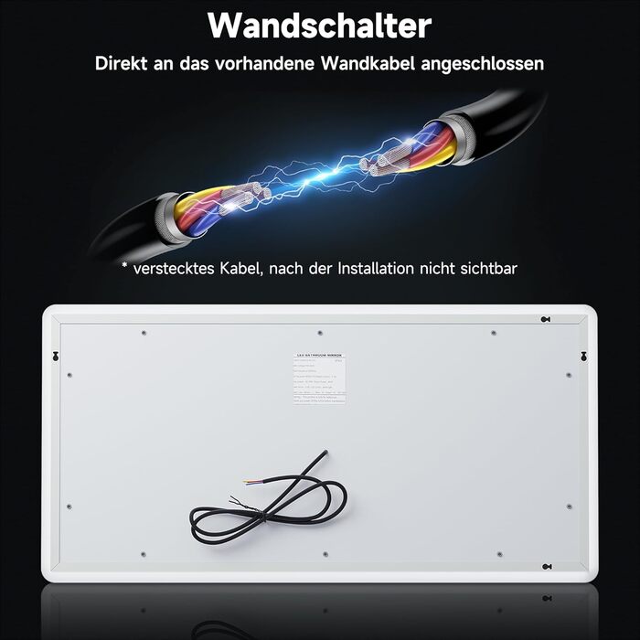 Дзеркало для ванної кімнати SONNI з підсвічуванням 120x60 см, 3 кольори світла, антизапарник, годинник, температура, LED, сенсорне управління, білий