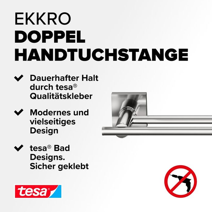 tesa EKKRO Double Towel Rail, Chrome - Towel Holder with 2 Bars - For Wall Mounting Without Drilling, Includes Adhesive Solution - 112 mm x 640 mm x 50 mm