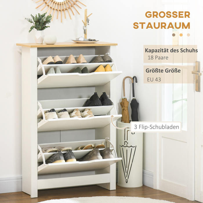 HOMCOM Shoe Cabinet Shoe Kickers Shoe Shelf 3 Flaps for 18 Pairs of Shoes Space-Saving in White and Natural 72 x 26 x 112 cm for Entrance Hall & Entryway