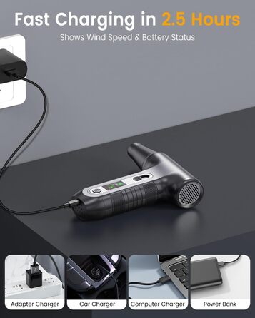 Електричний повітряний дмухач з HD-дисплеєм - 200000 обертів/хв, LED-підсвічування, акумуляторний міні-дмухач, спрей для чищення ПК, повітряний дмухач для клавіатури, дому, авто, W06, сріблястий