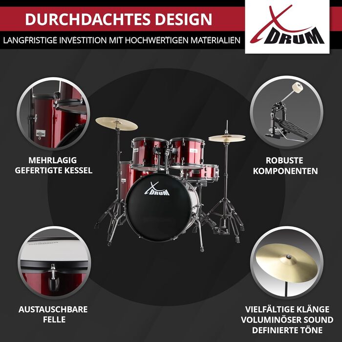 XDrum Rookie 20' барабанний комплект для студії Ruby Red – ідеальний для початківців, стильне чорне обладнання, з паличками, інструкцією та школою барабанів – червоний