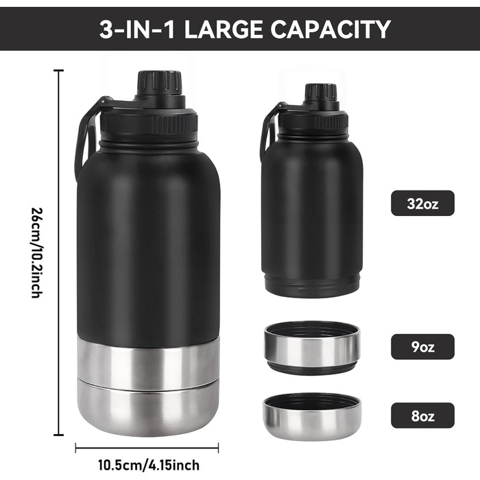 Водяна пляшка для собак на 950 мл з мискою – ізольована сталева пляшка для води, портативна, BPA-free, для подорожей та прогулянок (Чорний, L)
