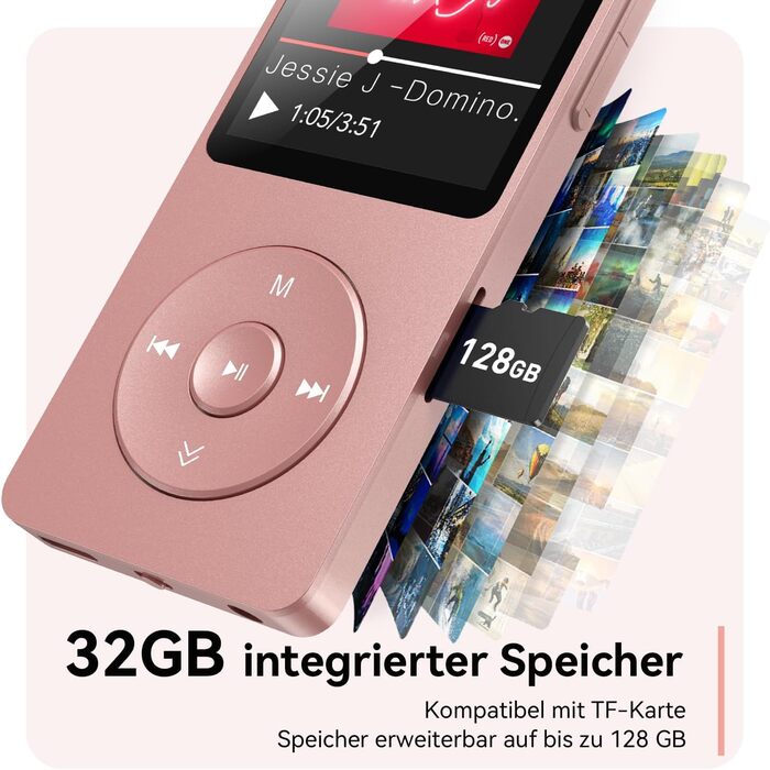 MP3 плеєр AGPTEK 32GB Bluetooth 5.3 Рожевий Зі FM-радіо, до 40 годин відтворення, підтримка карт до 128GB (без навушників)