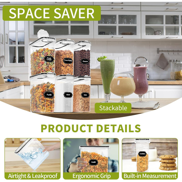 Skroam 4L Storage Containers Set with 4, Cereal Dispenser & Airtight Freshness Containers, BPA-free Plastic Storage Containers, for Grains, Flour, Sugar