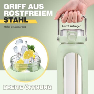 1900ml Glass Drinking Bottle with Straw and Stainless Steel Handle, Glass Water Bottle with Silicone Sleeve and Time Marker, Monitoring Your Daily Water Bottle 2 Liter, Light Green