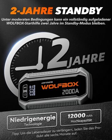 Powerbank WOLFBOX для запуску авто: 2000A, 12V, для бензину/дизеля (10L), LED-ліхтар, великий екран, кабель, бустер для SUV, вантажівок, мотоциклів