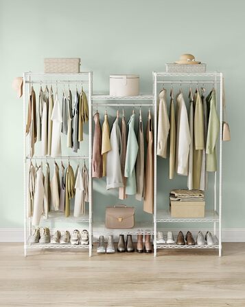 SONGMICS Clothes Rack, Open Wardrobe, Metal Coat Rack, Coat Stand with Adjustable Shelves and Clothes Rails, Hooks, High Load Capacity, Detachable, Cloud White LGR431W01