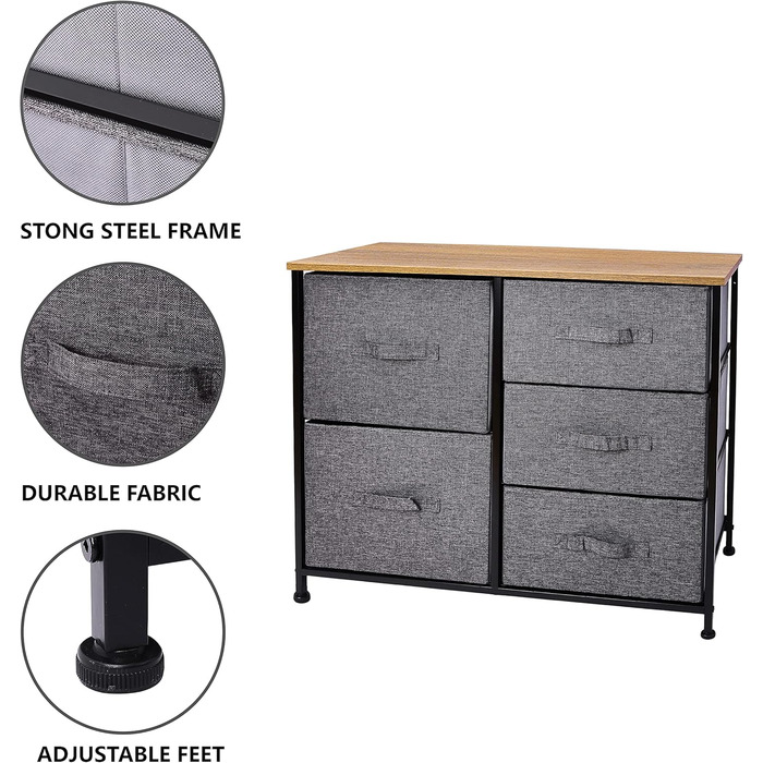 Monter Chest of Drawers, Narrow Chest of Drawers, Cabinet with 5 Large Drawers, Fabric Drawer Organizer, Clothes Storage, Storage Cabinet, 85x30x70cm, Sturdy Metal Frame, Grey