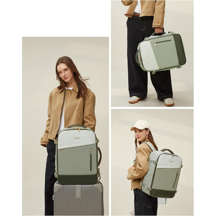 Рюкзак LOVEVOOK 40L для ручної поклажі, 17.3 дюйми, розширюваний, для подорожей та бізнесу (40x30x20cm, зелено-бежевий)