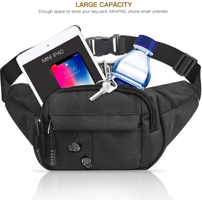 Водонепроникна поясна сумка-рюкзак для жінок та чоловіків, ідеальна для туризму, кемпінгу, велосипеду та подорожей, чорного кольору, велика