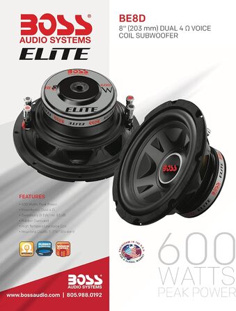 Сабвуфер Audio Systems Elite BE8D 20 см, 300 Вт RMS, 600 Вт макс, подвійна котушка 4+4 Ом, 83 дБ, для авто, 8 дюймів