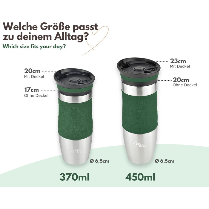 Термокружка Milu для кави з собою 370 мл, 450 мл, з подвійними стінками, з нержавіючої сталі, 100% захист від протікання, для автомобіля, travel mug (оливковий, 370 мл)