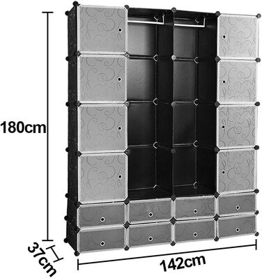 DIY Closet Shelf System, 16 Cubes, Wardrobe Closet, Open Closet, Plastic Wardrobe with Doors, Wardrobe Cabinet, Black, 180 x 142 x 37CM