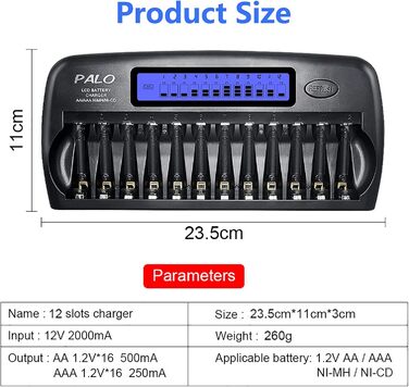 Зарядний пристрій CITYORK 12 Bay LCD з інтелектуальним захистом IC для AA/AAA NI-MH/NI-аккумуляторів, з адаптером та комплектом AA-аккумуляторів