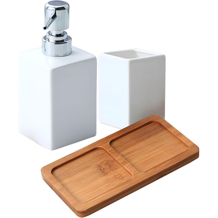 Bathroom Accessories, 3-in-1 Bathroom Set, Soap Dispenser, Ceramic Toothbrush Holder, and Bamboo Tray, Ceramic Material, White, for Bathroom, Sink, Bathtub, Reusable Shampoo