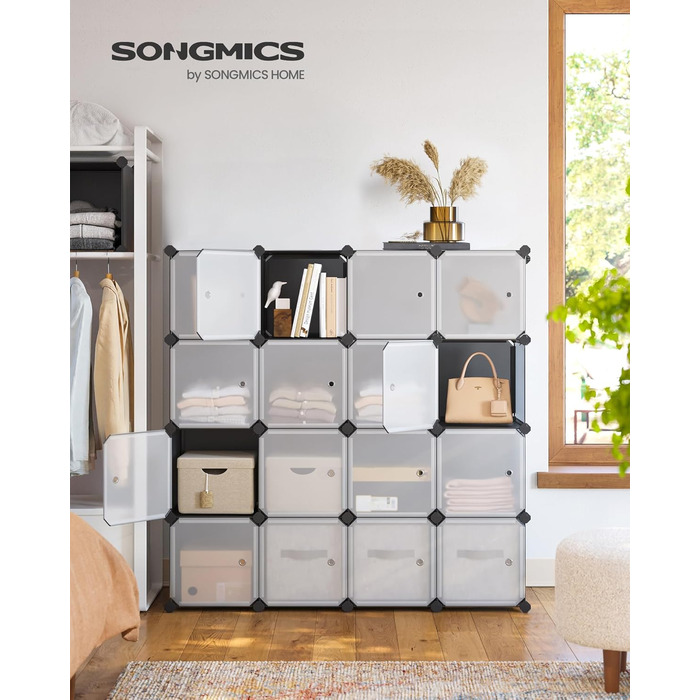 SONGMICS Regal System, Shoe Rack, Set of 16 Cubes, Plastic Wardrobe, with Doors, Plug-in Shelf, Storage for Clothes, Shoes and Books, Easy Assembly, Grey LPC443G01