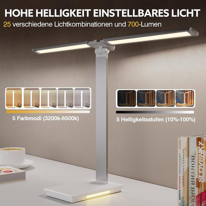 Лампа настільна LED LENDO з двома головками, регульована яскравість 700 люмен, 5 рівнів регулювання, 5 кольорових режимів, USB-порт для зарядки та вбудований акумулятор 2000mAh, для дітей, спальні, читання (срібна)