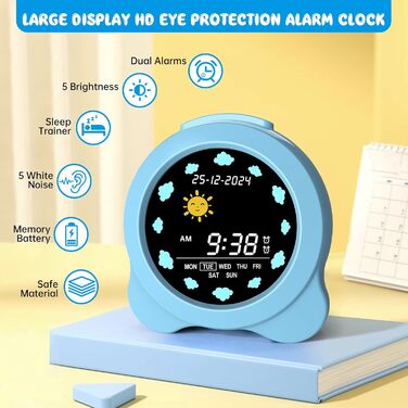 SENXINGYAN Kids Alarm Clock, Alarm Clock for Children with Sun & Moon LED Display, Day & Date Display, Sleep Trainer for Kids with Night Light & Sleep Sounds, Cute Alarm Clock for Kids Room