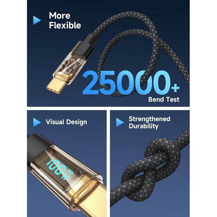 Кабель USB-C RAVIAD з підтримкою PD3.1: швидка зарядка, нейлон, 0.3м, 100W, чорний. Сумісний з iPhone, Galaxy, Pixel, iPad, MacBookAir