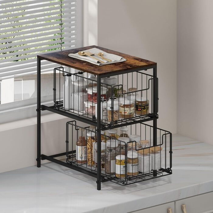 Meltrck Spice Rack and Kitchen Organizer, 2-Tier Pull Out Kitchen Organizer, Metal and Wood Composite for Kitchen, Countertop, Pantry, and Dining Room (Vintage Brown)