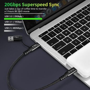 Кабель USB-C 200см: USB 3.2 Gen 2x2, 20 Гбіт/с, 5A/240W, PD3.1, 8K@60Hz, Thunderbolt 3/4, сумісний з MacBook Pro, Samsung