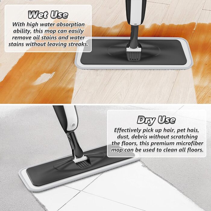 Швабра з розпилювачем MANGOTIME: мокрою шваброю для миття підлоги з баком та 4 накладками. Підходить для більшості типів підлоги. Чорний колір.