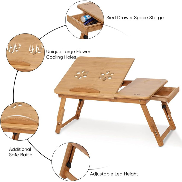 Бамбуковий портативний стіл-підставка для ноутбука з ящиком та вентиляційними отворами, регульований, багатофункціональний для ліжка та дивану
