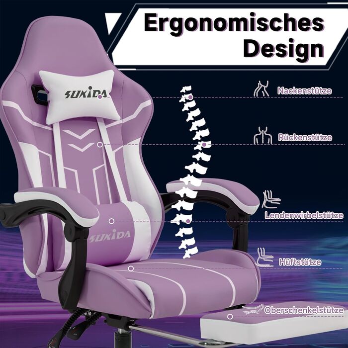Ігрове крісло SUKIDA Ergonomic Gaming Chair з підставкою для ніг та підтримкою попереку, фіолетово-біле