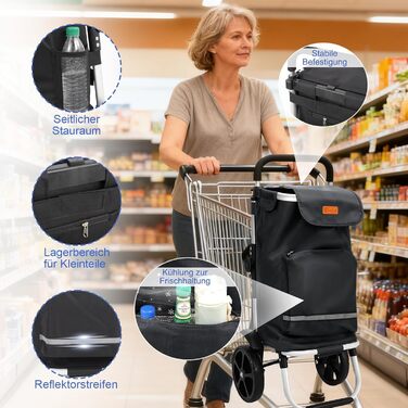 Складаний візок для покупок Sekey 60L з кулерним та відділенням для напоїв, 3-в-1, з регульованою ручкою, для покупок та кемпінгу, чорний
