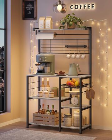 Стелаж кухонний VASAGLE, підлоговий, з магнітною смугою для ножів, кошиком, тримачем для рушників, 12 гачків, вінтажний, коричнево-чорний KKS026B01 (Грейж + Чорний)