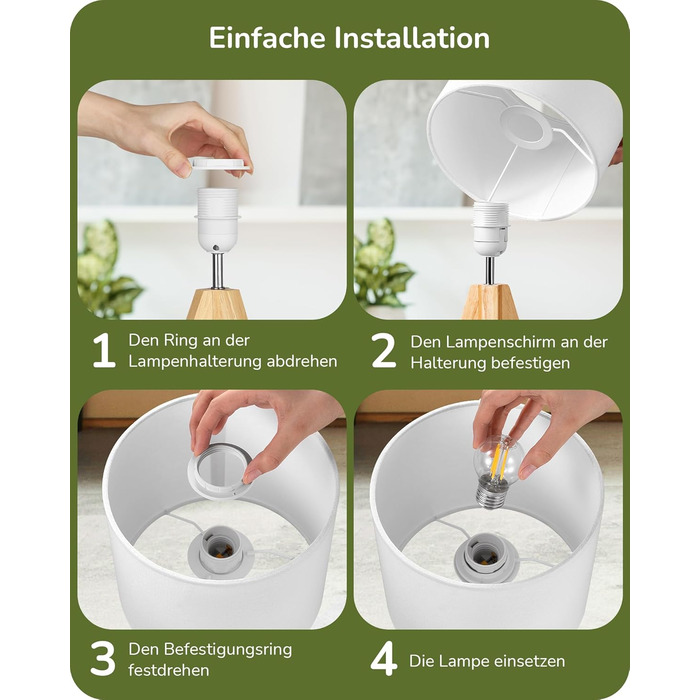 Настільна лампа EDISHINE 2 шт. з дерева, LED, з абажуром з льону кольору бежевого, патрон E27, з лампочкою, вінтажний дизайн, для спальні, вітальні, подарунок