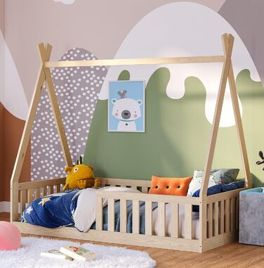 Bellabino Tajo Children's Bed Base 80x160 cm, House Bed made of Solid Pine Wood with Fall Protection/Rail and Slatted Frame in Natural for Children from 3 Years