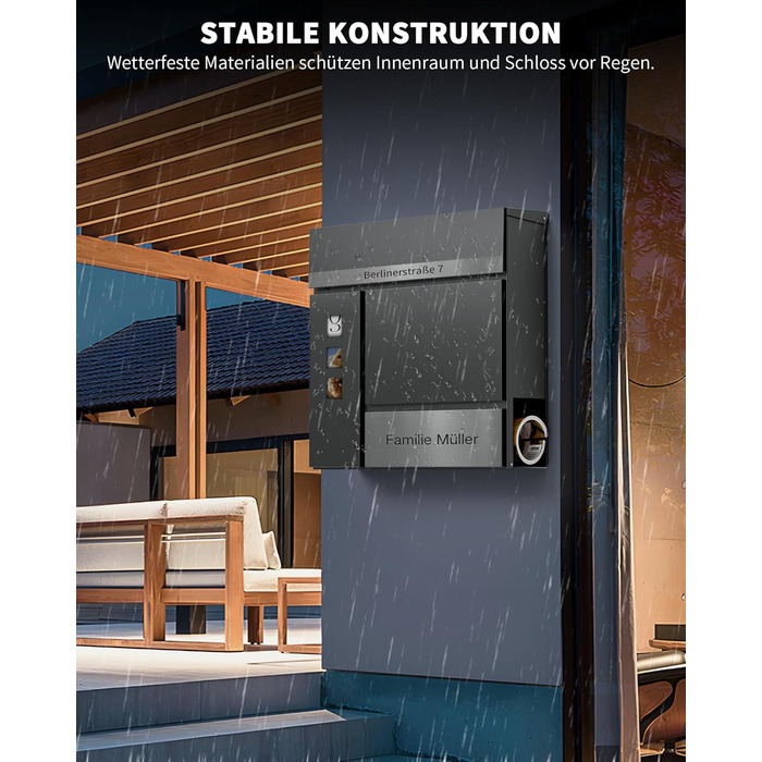 Поштовий ящик Anthrazit з гравіюванням, персоналізований, нержавіюча сталь, з відділенням для газет та замком (2 ключі) | Поштовий ящик з іменним шильдиком та номером будинку