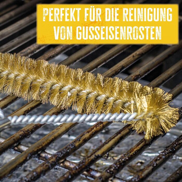Grillfürst Premium Grill Brush for Cast Iron Grates with Brass Bristles, Cast Iron Care Spray, Special Scraper
