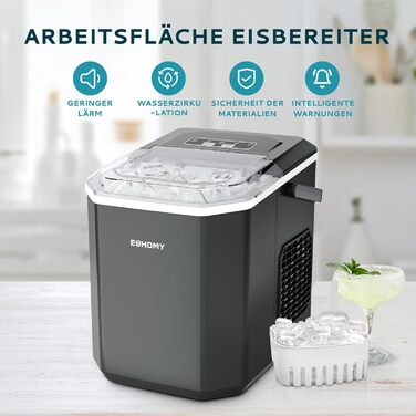 EUHOMY Ice Maker - Countertop Ice Machine, Stainless Steel, 12kg/Day Capacity, 9 Cubes in 6 Minutes, 2 Sizes, for Home, Kitchen, Office, RV - Black
