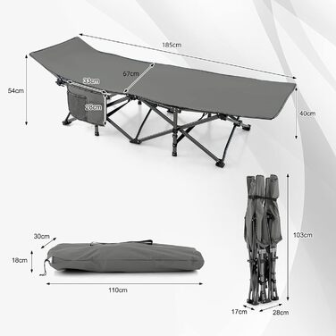 Складне кемпінгове ліжко GYMAX 185x67x54 см, сіре. Легке, портативне, з кишенею, до 270 кг, Oxford-тканина.