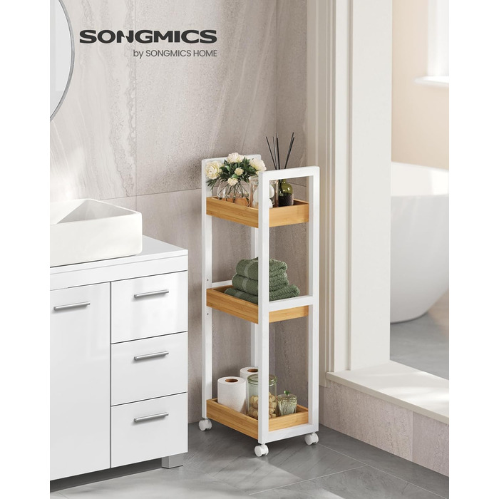 SONGMICS візок-стелаж для ванної з бамбука, 3-рівневий, вузький, на колесах, білий, 20x30x80 см