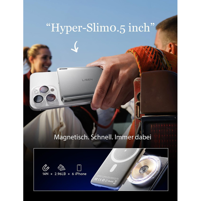 Power Bank Magsafe LISEN 10000mAh для iPhone: Slim, 18W PD USB-C, 10000mAh, сумісний з iPhone 17, 15 Pro Max, 13, Platin-Grau