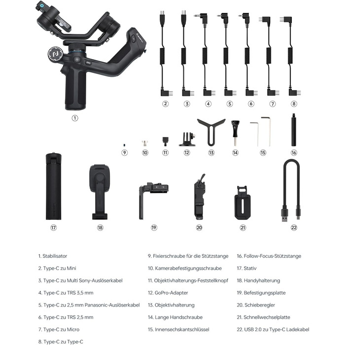 Feiyu SCORP Mini 2: Стабілізатор для камер (без дзеркала, екшн-камер, iPhone/Samsung) з підсвічуванням та виносним штативом. Чорний/Білий