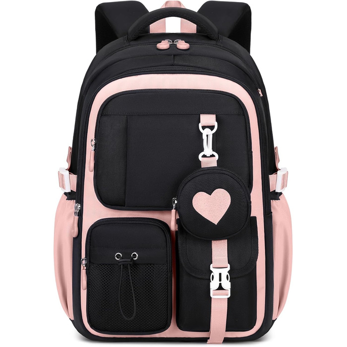 Шкільний рюкзак для дівчинки 1-5 клас, стильний рюкзак у школу та подорожі, з милим гаманцем (чорно-рожевий)